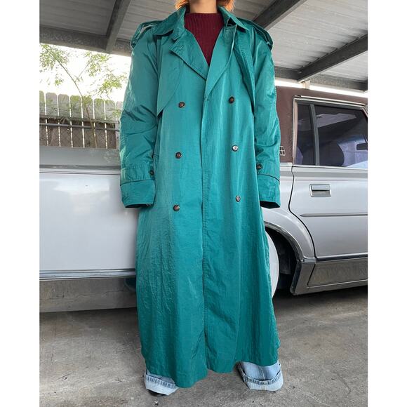 🔥Vintage 80s Maggie Lawrence Double Breasted Long Rain Trench Coat Quilt Line - Picture 3 of 16